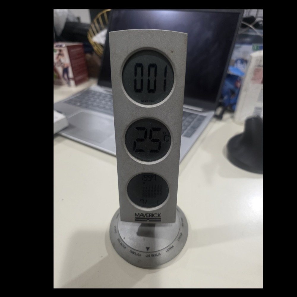 Maverick CL-908 Digital Desk Clock Silver Black World Time Temperature Display